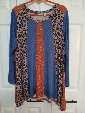 LOGO by Lori Goldstein Plus 1X Tunic Blue Orange Animal Geometric Long Sleeve